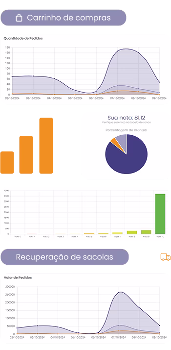Imagem de gráfico de quantidade de pedidos, valor e pesquisa de satisfação