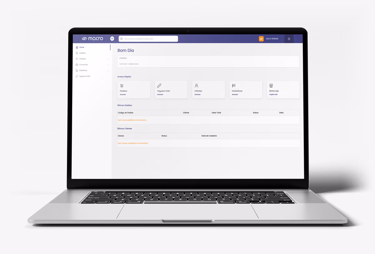 Painel do Escritório Virtual do representante aberto em um notebook, com atalhos para pedidos, link de pagamento, clientes e estatísticas